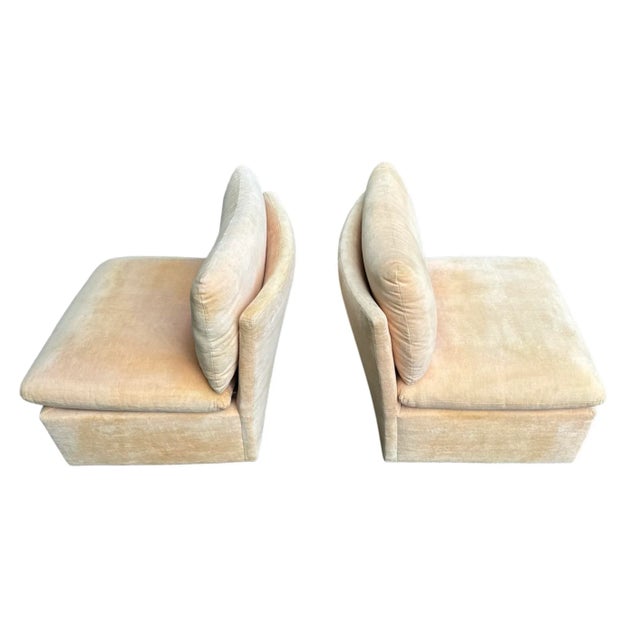 Vintage pair Milo Baughman for Thayer Coggin slipper chairs, pale peach velvet fabric. Slightly curved fabric, very...