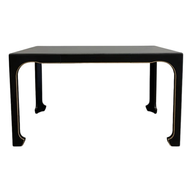 Hickory White Modern Black Lacquer Console Desk With Brass Trim and Drawer For Sale