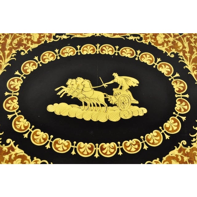 Vintage Italian Lacquered Wood and Brass Chariot Marquetry Inlay Serving Tray. Item features pierced brass, scalloped...