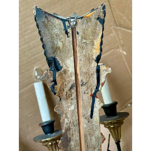 Mid 20th Century Pair Neoclassic Italian Carved Wood Iron Black Gold Painted Arrow Wall Sconces For Sale - Image 5 of 12
