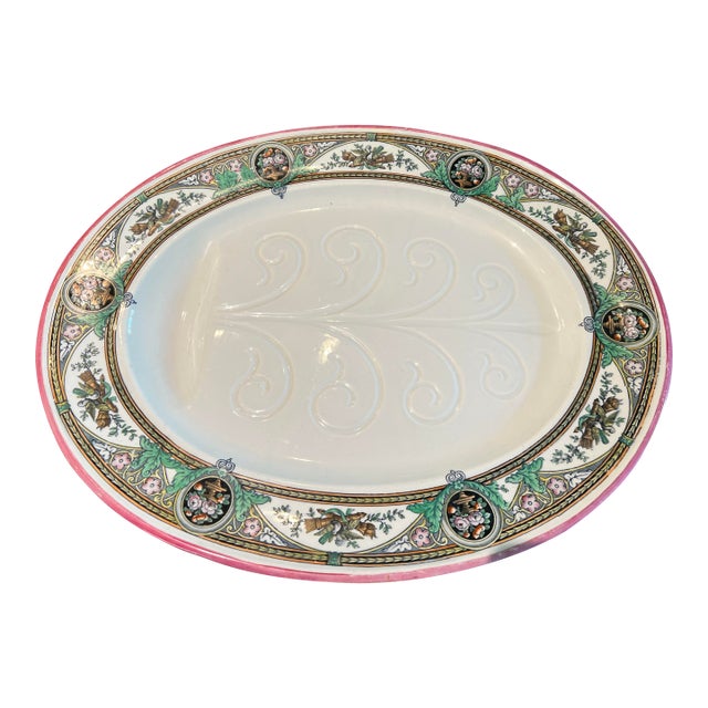 Antique Haviland Limoges Large Oval Meat Platter, Hand-Painted Birds & Florals, Pink Banded Rim, French Porcelain For Sale