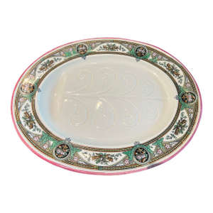 Antique Haviland Limoges Large Oval Meat Platter, Hand-Painted Birds & Florals, Pink Banded Rim, French Porcelain