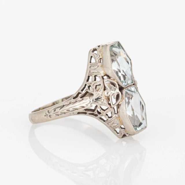 Art Deco Vintage Art Deco Double Aquamarine Ring Filigree 14k Gold Elongated Hexagon size 5.75 For Sale - Image 3 of 7