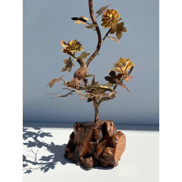 1960s "Enchanting Forest" Brass and Burl Wood Lamp For Sale - Image 5 of 13