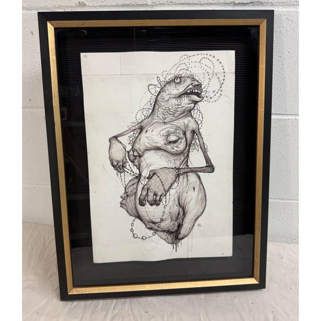 Figurative Original 2009 Ekundayo Pop Surrealism Pen Ink Grace Graphite Fish Drawing Sketch For Sale - Image 3 of 15
