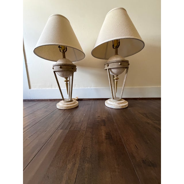 Michael Taylor Pair of Neoclassical Travertine, Cast Iron & Brass Sculptural Lamps, Attributed to Michael Taylor For Sale - Image 4 of 17