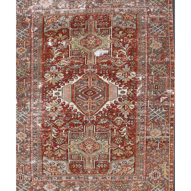 Antique Persian Heriz Rug Featuring Geometric Medallion Design in Rust and Ivory 4'8 X 6'2 For Sale - Image 4 of 13
