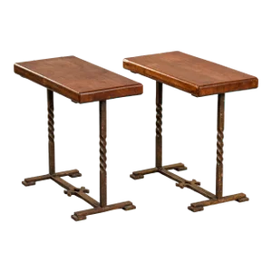 Rectangular Oak Side Tables on Fer Forge Bases - Pair