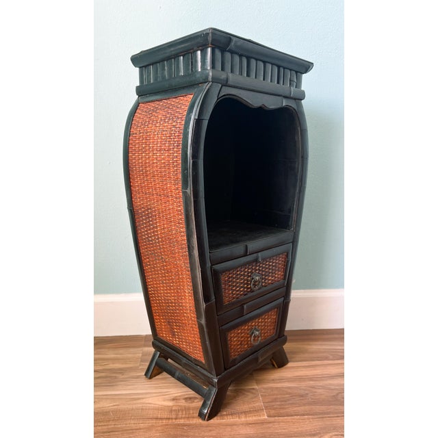 Vintage Ebonized Black Bamboo & Woven Rattan Two-Drawer Cabinet – Chinoiserie / British Colonial For Sale - Image 4 of 13
