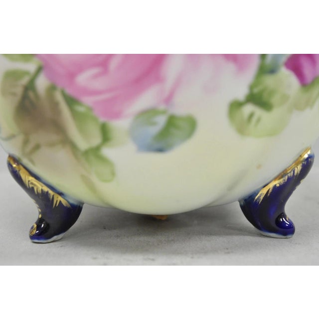 Antique Nippon Hand Painted Moriage Pink Rose Porcelain Biscuit Jar Vase For Sale - Image 4 of 16