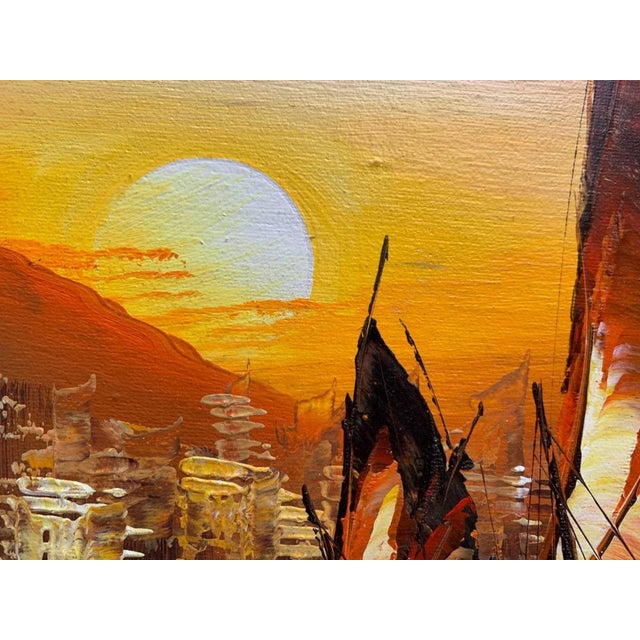 Late 20th Century Stunning Oil Painting on Canvas, Seascape, Sailing Ships at Sunset, Framed For Sale - Image 12 of 12