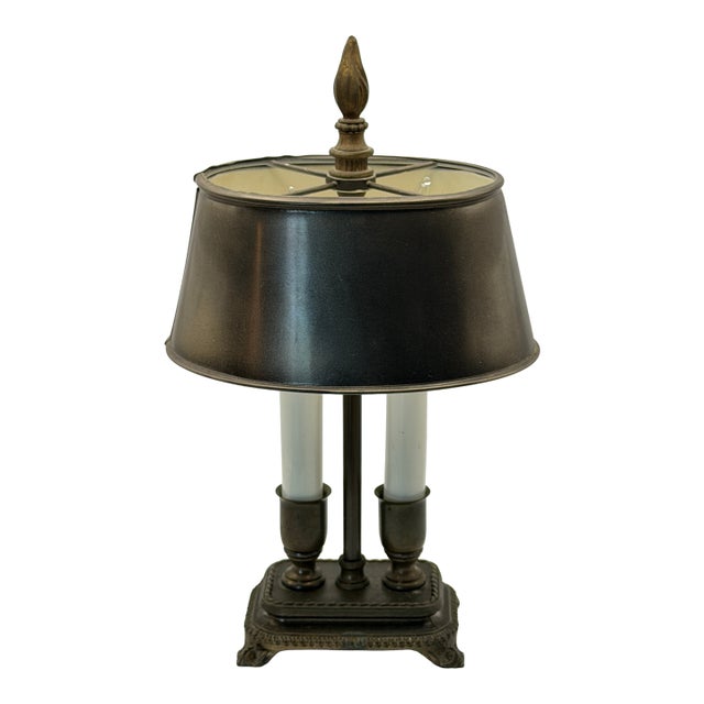 Vintage French Bouillotte Style Two-Light Desk Lamp With Black Tole Shade For Sale