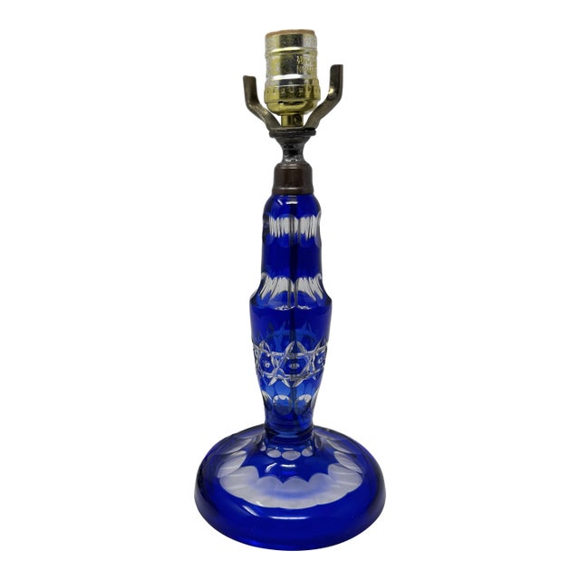 Vintage Bohemian-Style Cobalt Blue Cut-to-Clear Glass Table Lamp For Sale