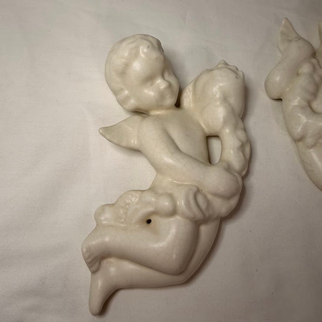 Vintage Ceramic Cherub Wall Hanging Pair Cream Angel Garland Set 7 Inch Cherubim Sculptures Romantic For Sale - Image 6 of 10