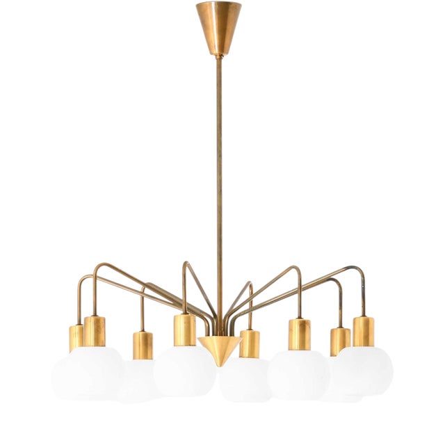 Scandinavian Modern Chandelier in Brass and Opaline Glass, 1950s For Sale