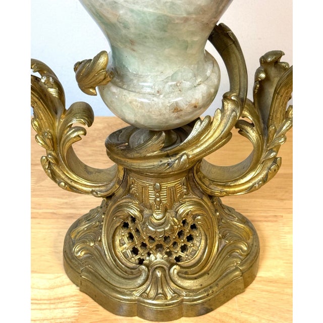 Glass 19th C. Louis XVI Style Ormolu 3 -Light Candelabra with Green Rock Crystal Urn For Sale - Image 7 of 12