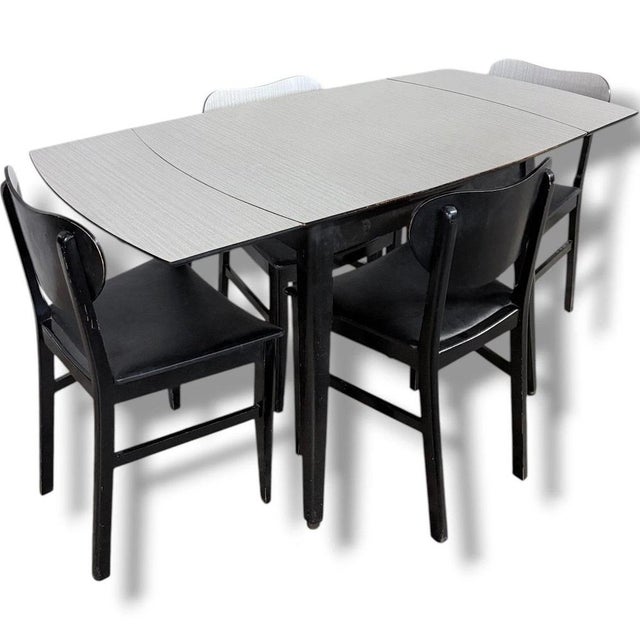 Mid-Century White Formica Extendable Drop-Leaf Dining Table, Set of 5 For Sale - Image 6 of 10