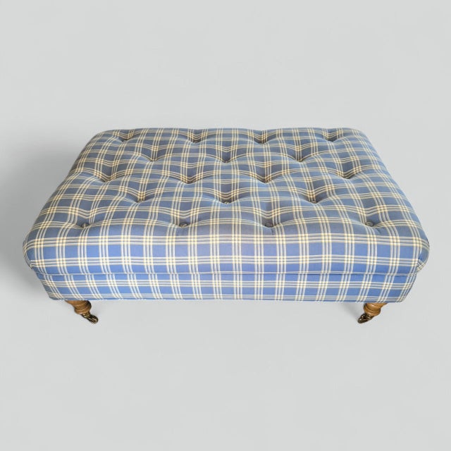 English Traditional / French Country Style Tufted Cornflower Blue, Light Yellow, and White Plaid Cocktail Ottoman with...