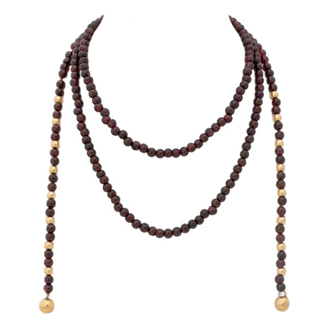14k Yellow Gold Garnet Bead Lariat Necklace For Sale