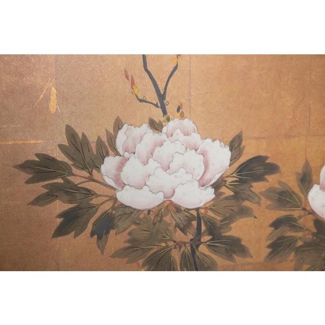 "Plum Blossom, Peony, Iris", 1970s Showa Era Japanese Painted Byobu Screen For Sale - Image 9 of 18