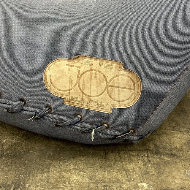c. 1980s. Upholstered in original denim fabric. Signed on leather patch. Made in Italy.