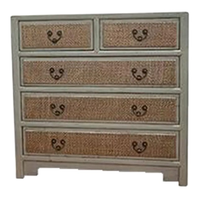 1980s Asian Rattan Inlaid Dresser-Bluish Grey For Sale