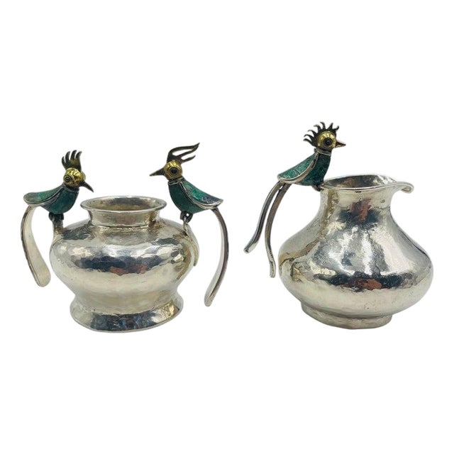 1950s Los Castillo Malachite-Inlaid Bird Creamer & Sugar Set, Taxco Mexico For Sale