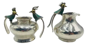 1950s Los Castillo Malachite-Inlaid Bird Creamer & Sugar Set, Taxco Mexico