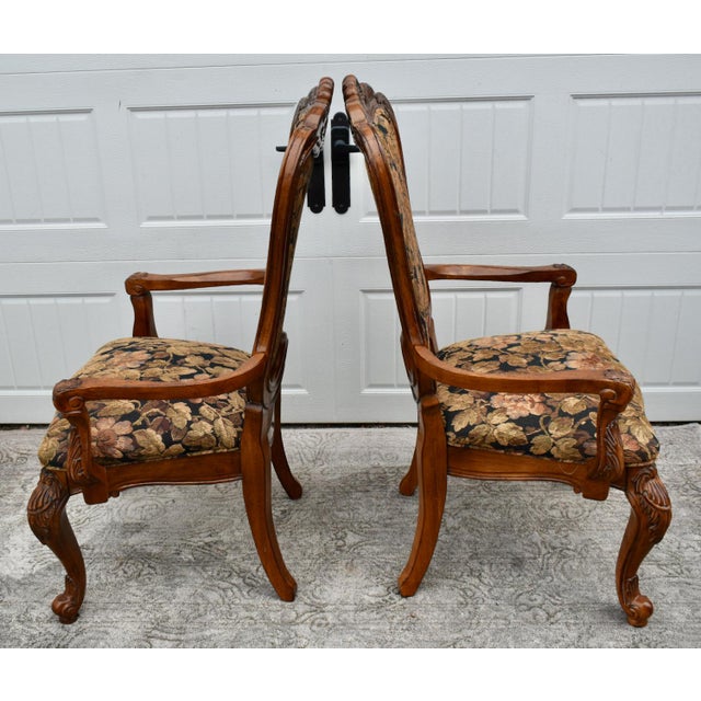 Wood Vintage Pair of Thomasville Carved Tuscan Style Arm Chairs W/Floral Fabric For Sale - Image 7 of 11