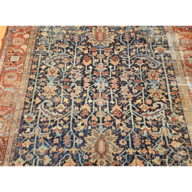 Antique Persian Heriz Serapi Rug, Hand-Knotted Wool, Allover Tree of Life Pattern, Blue & Brick-Red, 9x12 For Sale - Image 16 of 18