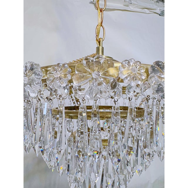 Vintage Brass and Glass Rosette Rim and Crystal Prism Chandelier For Sale - Image 4 of 12