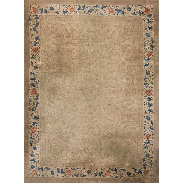 1920s Beige Floral Greek Key Antique Chinese Art Deco Rug 9' 0'' X11' 8'' Knotted Wool Carpet For Sale - Image 9 of 9