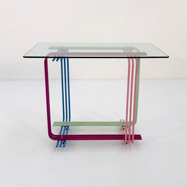 Blue Multicolor Console Table with Glass Board, 1980s For Sale - Image 8 of 9