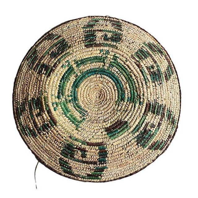 Tribal Large Round Green and Brown Woven Basket - Mexico For Sale - Image 3 of 6