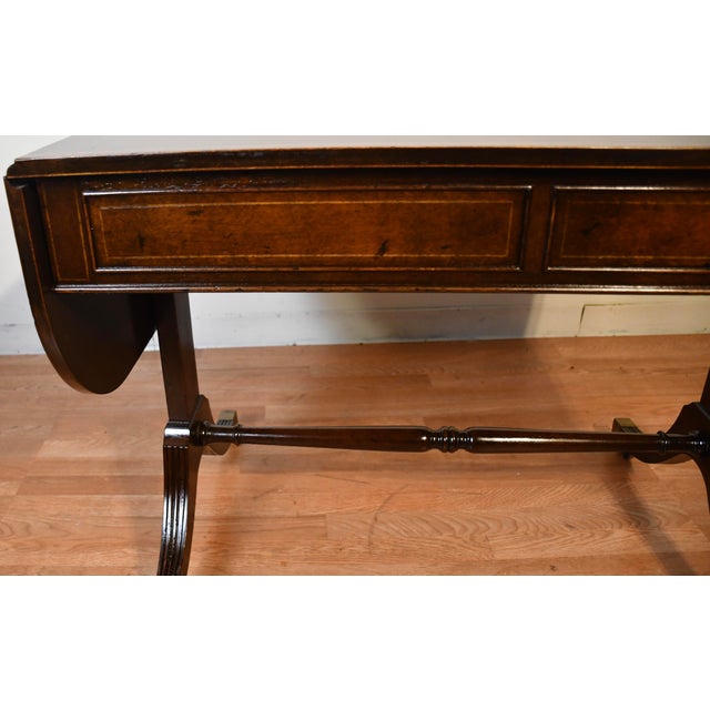 1920s Antique English Regency Mahogany Inlaid Drop-Leaf Table / Sofa Table For Sale - Image 14 of 15