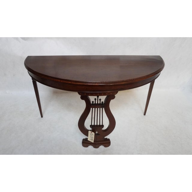 Pair of Empire or Victorian Style Half Moon / Demilune wood Consoles With Harp / Lyre Detail The harp detail at the front...
