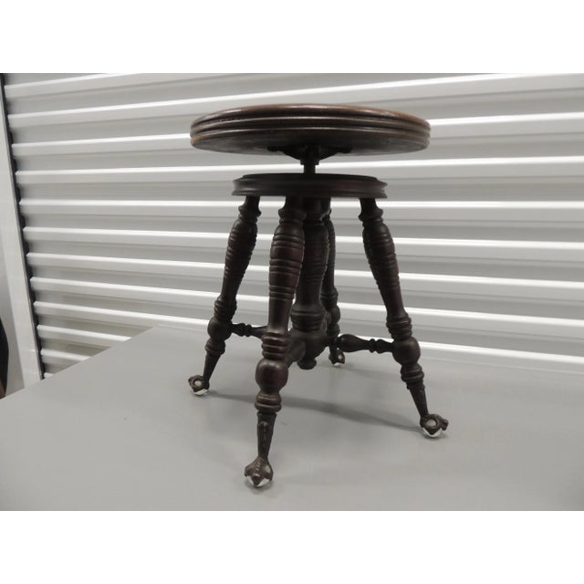 Antique Round Victorian Wood Swivel Piano Stool With Claw & Ball Feet For Sale - Image 4 of 7