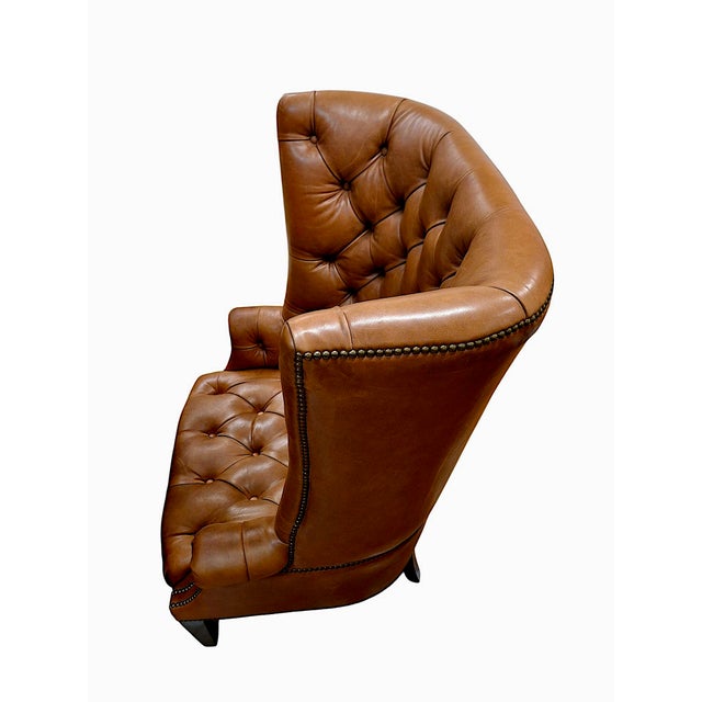 Wood Pair of High-Back, Barrel-Shape Tufted Leather Armchairs With Brass Nailhead Trim For Sale - Image 7 of 9