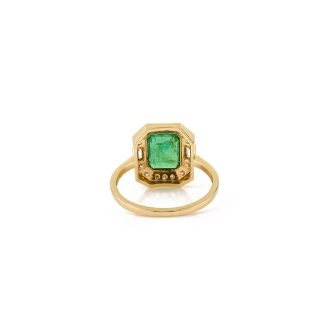 Metal 2.28 Ct Octagon Emerald Statement Ring in 14k Gold Halo Diamonds Size 7 For Sale - Image 7 of 12
