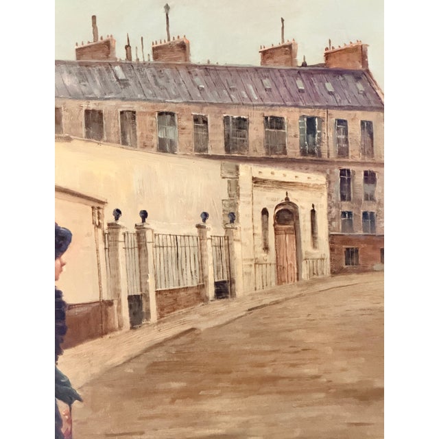 Large Vintage Parisian Street Scene Oil Painting of Victorian Woman in Ornate Gilt Frame For Sale - Image 16 of 17
