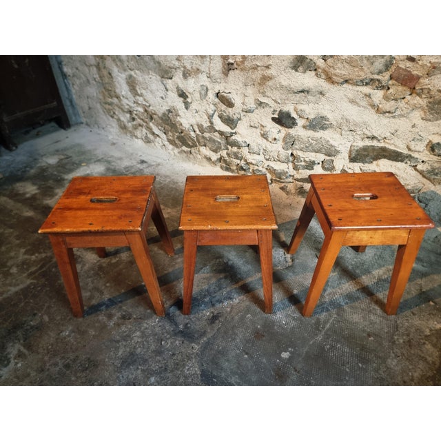 Vintage French Wooden Stools, 1950s, Set of 3 For Sale - Image 11 of 15