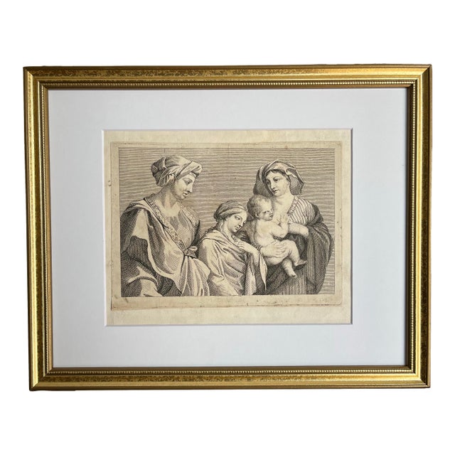 Antique Engraving of Three Women and Child 18th Century For Sale