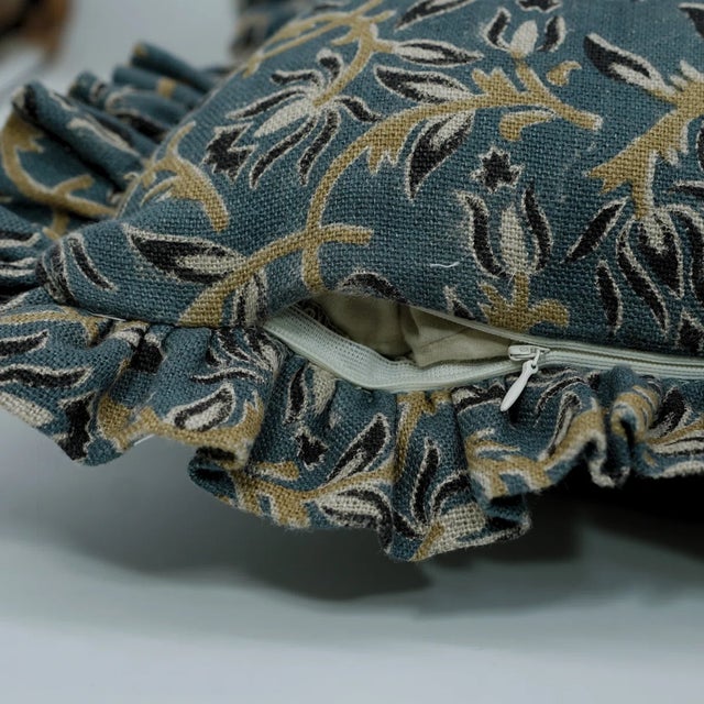 Fabdivine Decorative Block Print Frill Cushion Cover Blue 22x22 Inch Thick Linen- Kamal Dutta For Sale - Image 4 of 5