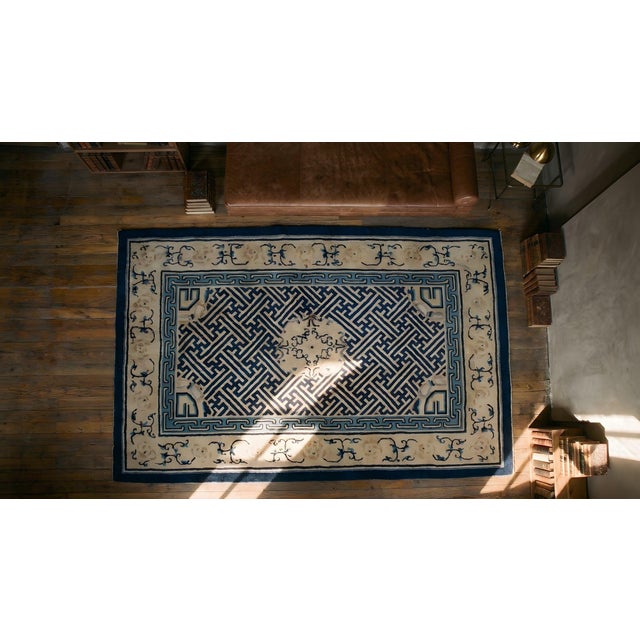 Ivory 1920s Ivory Blue Medallion Antique Chinese Peking Rug 4'4" X 5'10" Handknotted Wool Carpet For Sale - Image 8 of 8