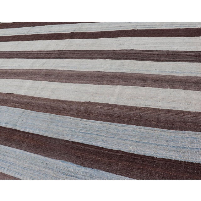 Modern Kilim Hand Woven Casual Rug With Stripes in Shades of Blue and Brown 8'6 X 12'6 For Sale - Image 11 of 13