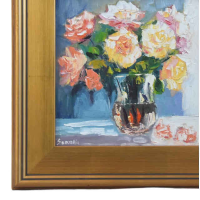 Bouquet of pastel rose flowers study, acrylic painting on artist panel. Included are the antiqued gold wood frame and...
