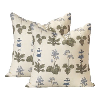 A Pair of Lauren Servati Textiles, Primula // Blues Pillows, 22"x22" For Sale