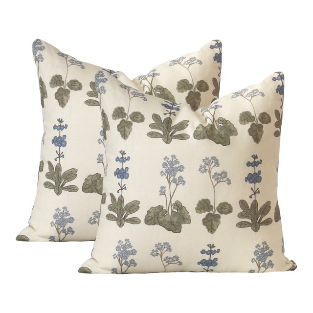 A Pair of Lauren Servati Textiles, Primula // Blues Pillows, 22"x22" For Sale