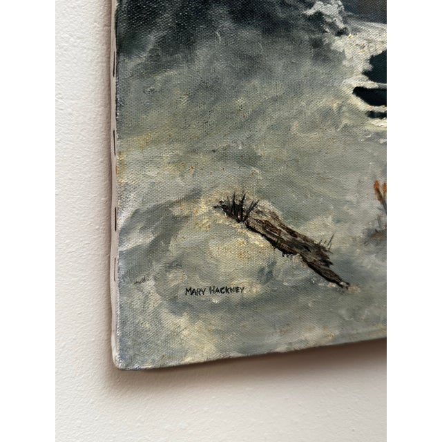 Vintage Traditional Impressionist White Winter Landscape Original Oil Painting Diptych, a Pair in Cerulean Blue, Burnt Umber & White For Sale - Image 10 of 11