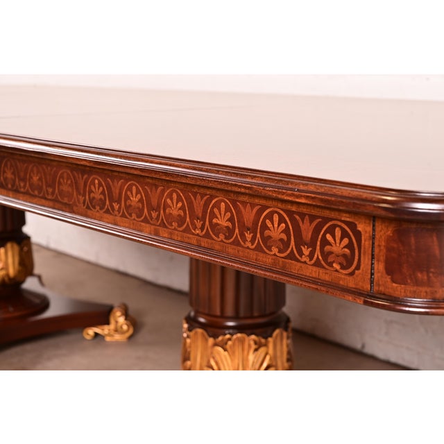 Karges Furniture Style Italian Neoclassical Inlaid Burl Wood and Parcel Gilt Extension Dining Table, Newly Refinished For Sale - Image 12 of 16